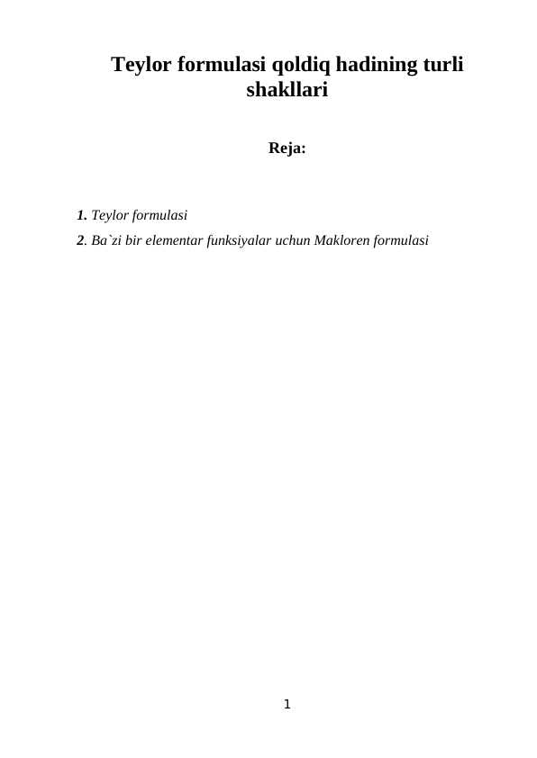 Teylor formulasi qoldiq hadining turli shakllari