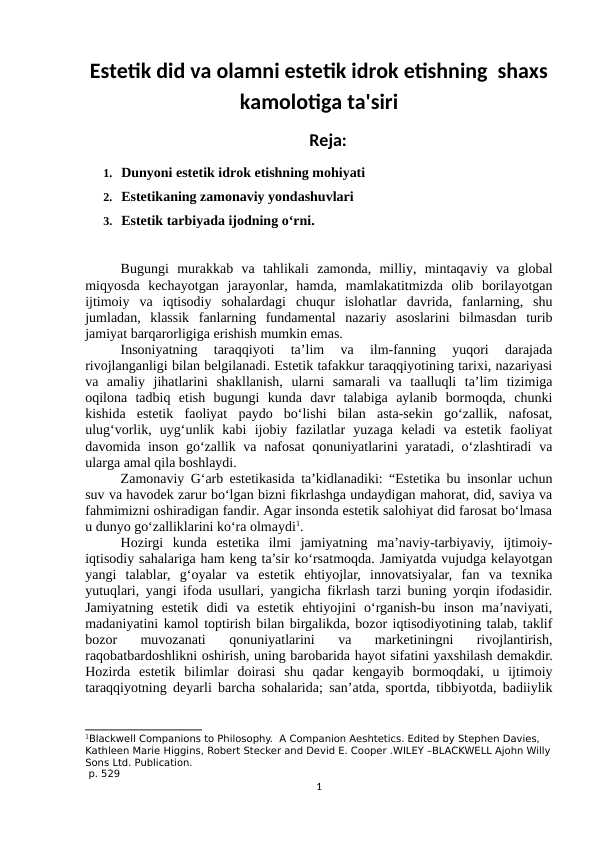 Estetik did va olamni estetik idrok etishning shaxs kamolotiga ta'siri