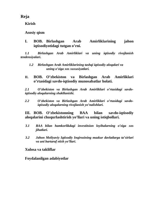 O’zbekistonning BAA bilan savdo-iqtisodiy aloqalarini chuqurlashtirish yo’llari va uning istiqbollari