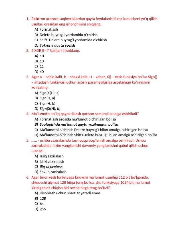 KIBERXAFSIZLIK Test 220ta savol javobi bilan