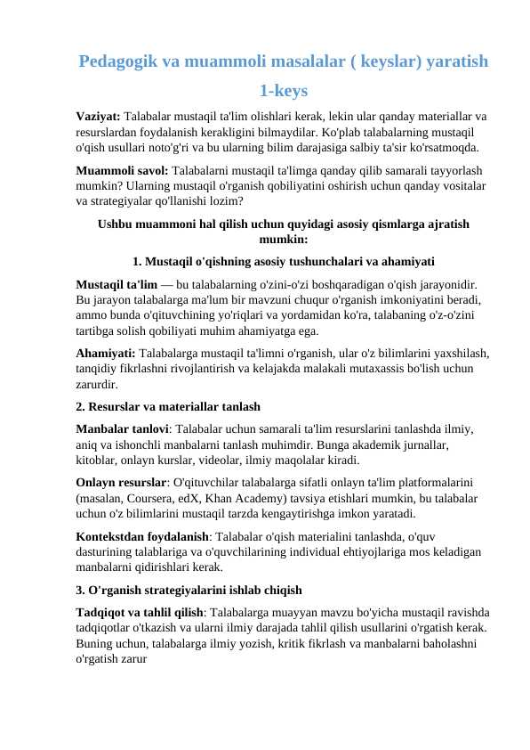 Pedagogik va muammoli masalalar