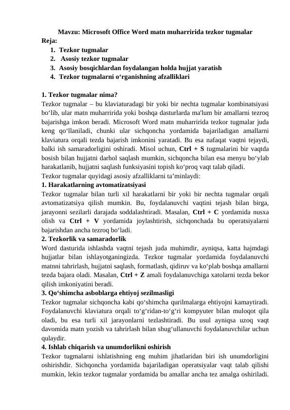 Microsoft Office Word matn muharririda tezkor tugmalar