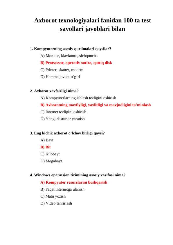 Axborot texnologiyalari fanidan 100 ta test savollari javoblari bilan