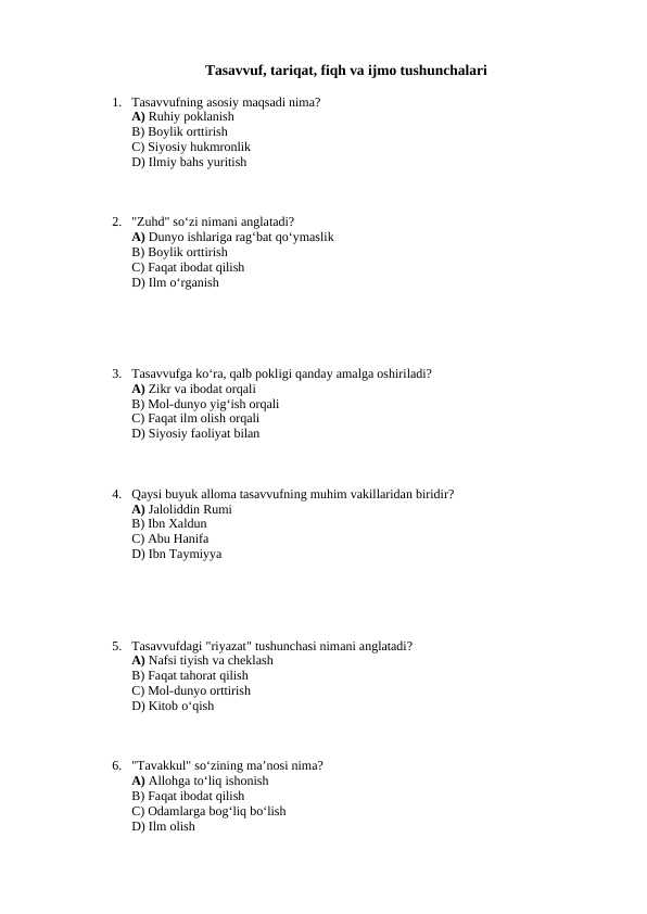 Tasavvuf, tariqat, fiqh va ijmo tushunchalari test