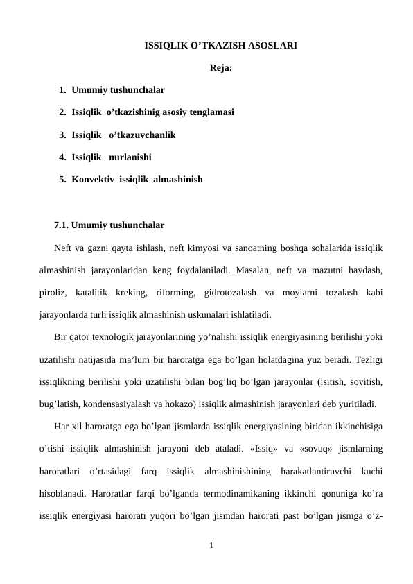 ISSIQLIK O’TKAZISH ASOSLARI