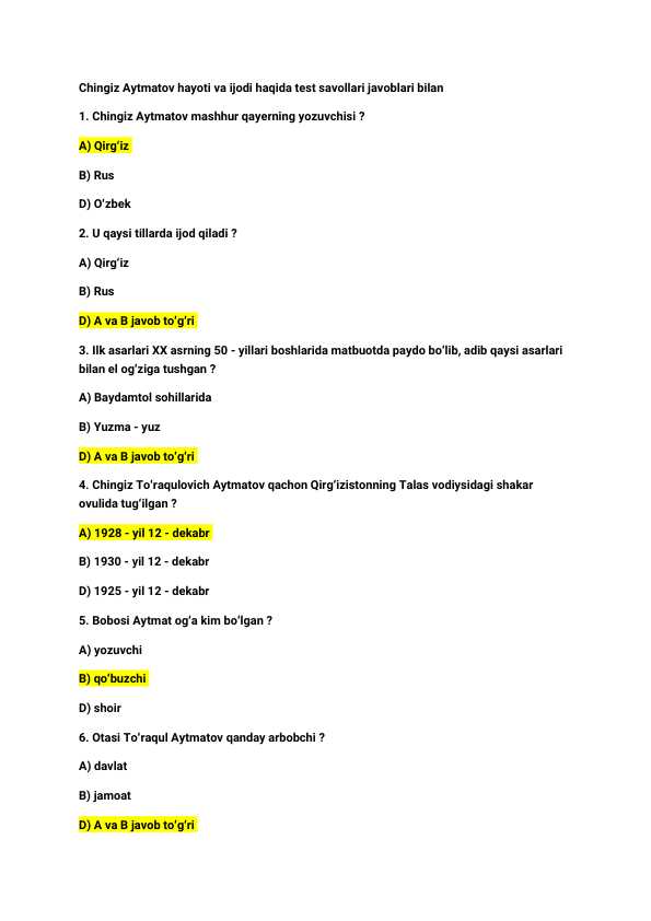 Chingiz Aytmatov hayoti va ijodi haqida | test savollari | javoblari bilan N_25