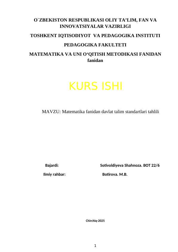 Matematika fanidan davlat talim standartlari tahlili KURS ISHI