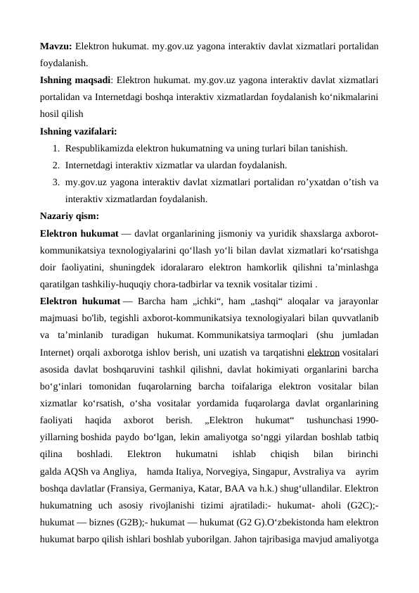 Elektron hukumаt. my.gov.uz yagonа interаktiv dаvlаt xizmаtlаri portаlidаn foydаlаnish.