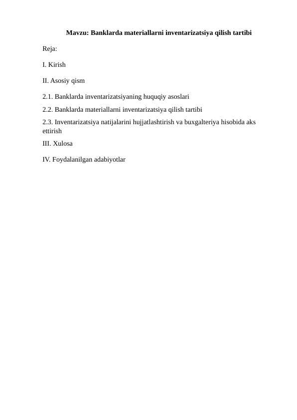 Banklarda materiallarni inventarizatsiya qilish tartibi