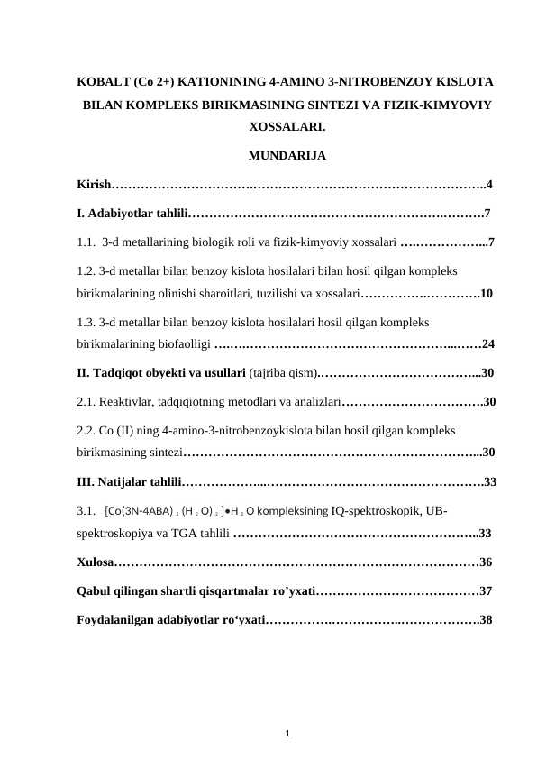 KOBALT (Co 2+) KATIONINING 4-AMINO 3-NITROBENZOY KISLOTA BILAN KOMPLEKS BIRIKMASINING SINTEZI VA FIZIK-KIMYOVIY XOSSALARI