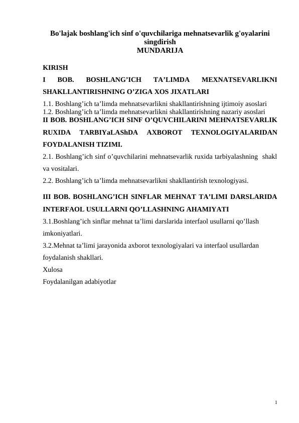 Bo'lajak boshlang'ich sinf o'quvchilariga mehnatsevarlik g'oyalarini singdirish