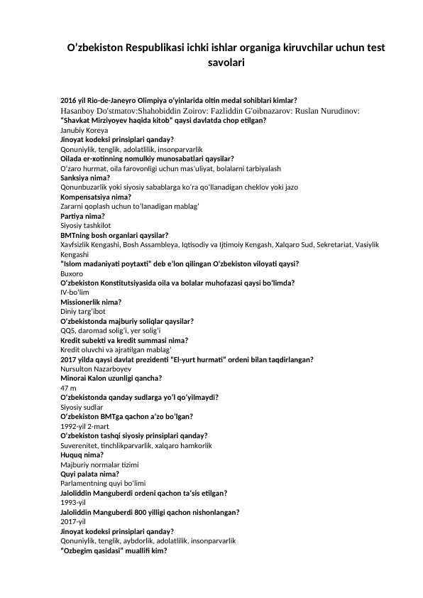 O’zbekiston Respubublikasi Ichki organga kiruvchilar uchun test savolari to'plami DTM