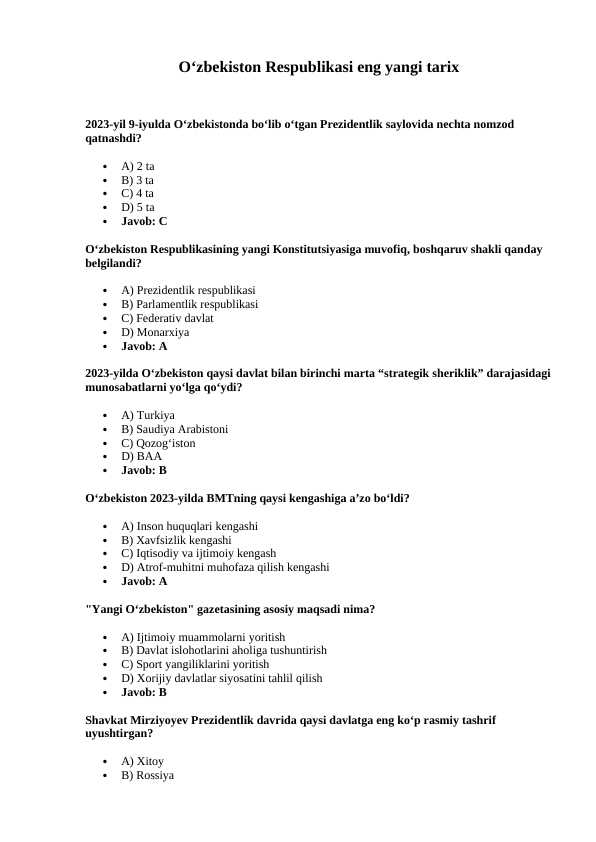 O‘zbekiston eng yangi tarixi test savolari DTM