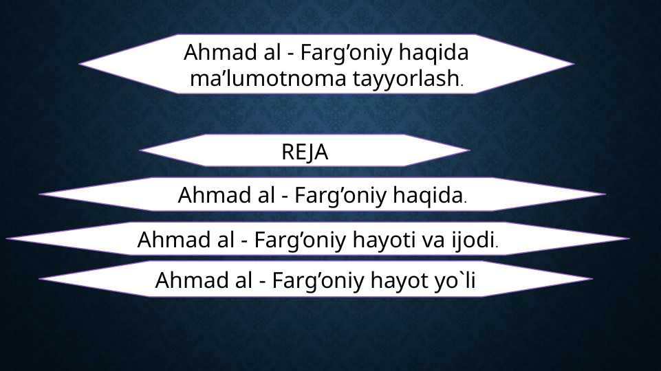Ahmad al - Farg’oniy haqida ma’lumotnoma tayyorlash.