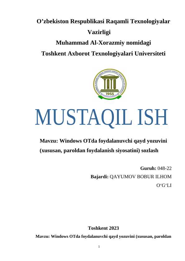 Windows OTda foydalanuvchi qayd yozuvini (xususan, paroldan foydalanish siyosatini) sozlash