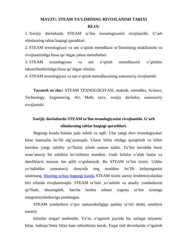 STEAM TA’LIMINING RIVOJLANISH TARIXI