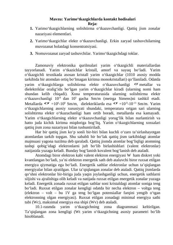 Yarimo‘tkazgichlarda kontakt hodisalari