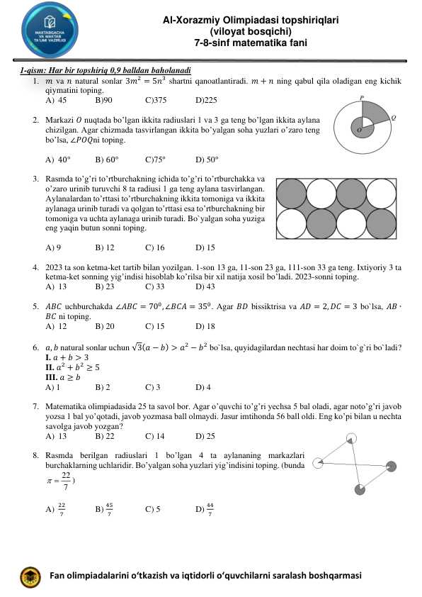 Matematika test 7-8 sinf uchun