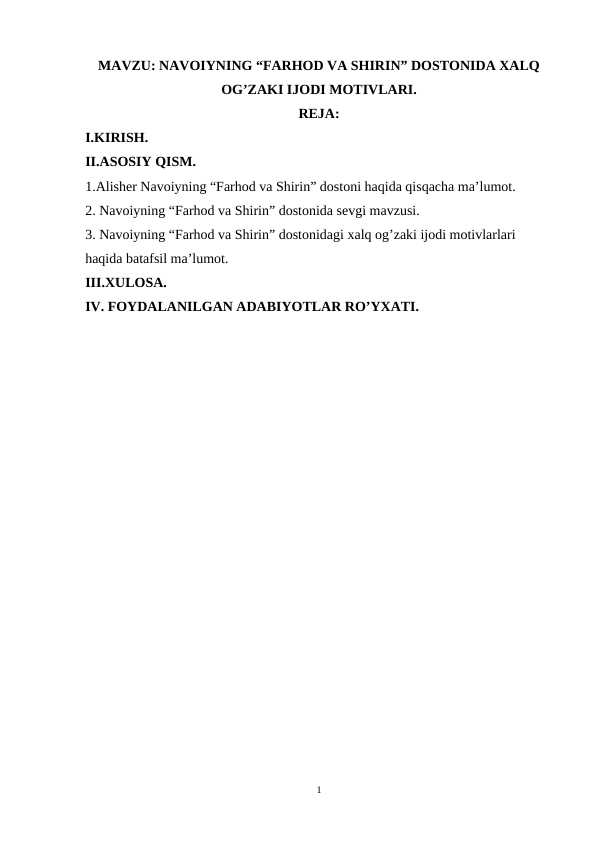 Navoiyning “Farhod va Shirin” dostonida xalq og’zaki ijodi motivlari