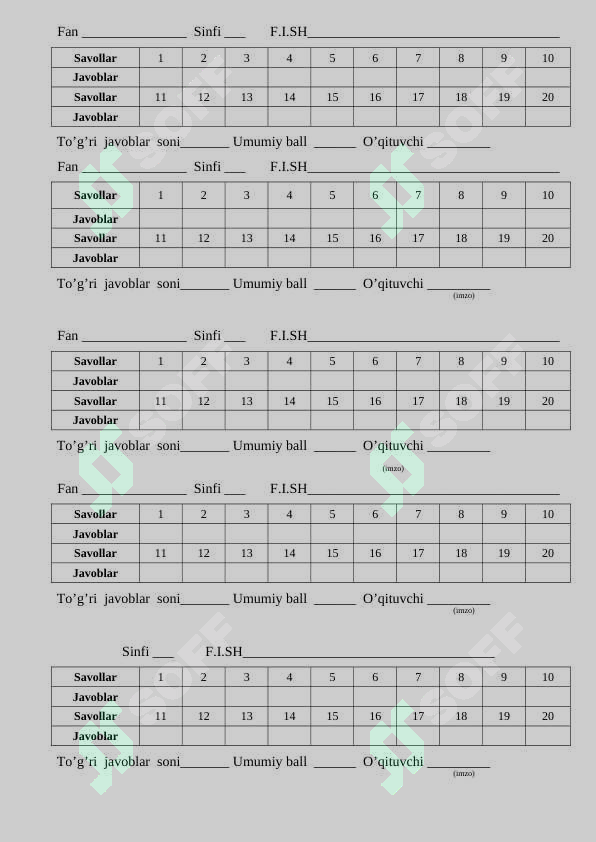 Maktab uchun variant 30 ta va 20 talik test blankasi