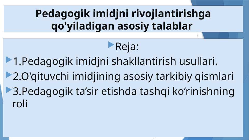 Pedagogik imidjni rivojlantirishga qo'yiladigan asosiy talablar