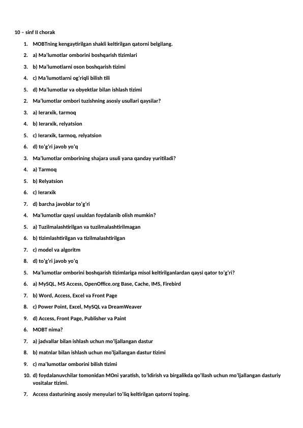 Informatika fanidan 10-sinf II-chorak test javoblari bilan