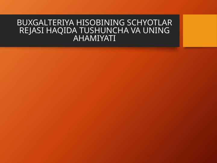 BUXGALTERIYA HISOBINING SCHYOTLAR REJASI HAQIDA TUSHUNCHA VA UNING AHAMIYATI