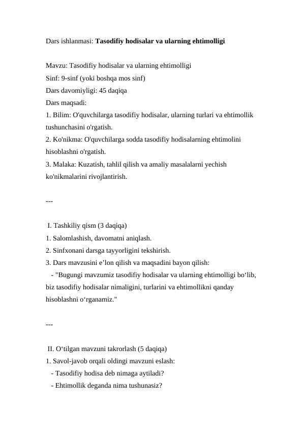 Tasodifiy hodisalar va ularning ehtimolligi ( Dars ishlanmasi )