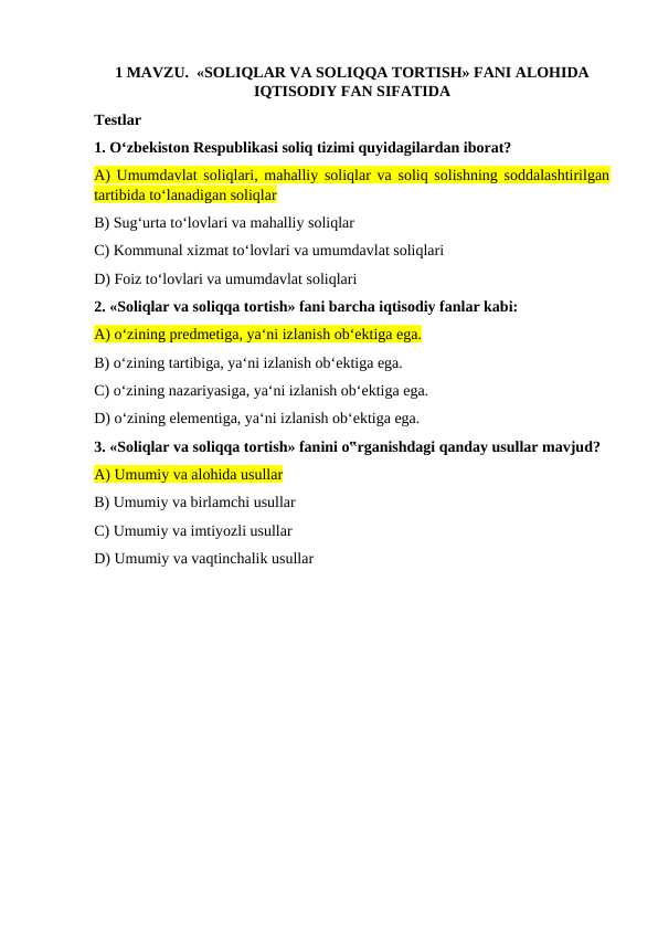 Soliqdan test savollari javoblari bilan