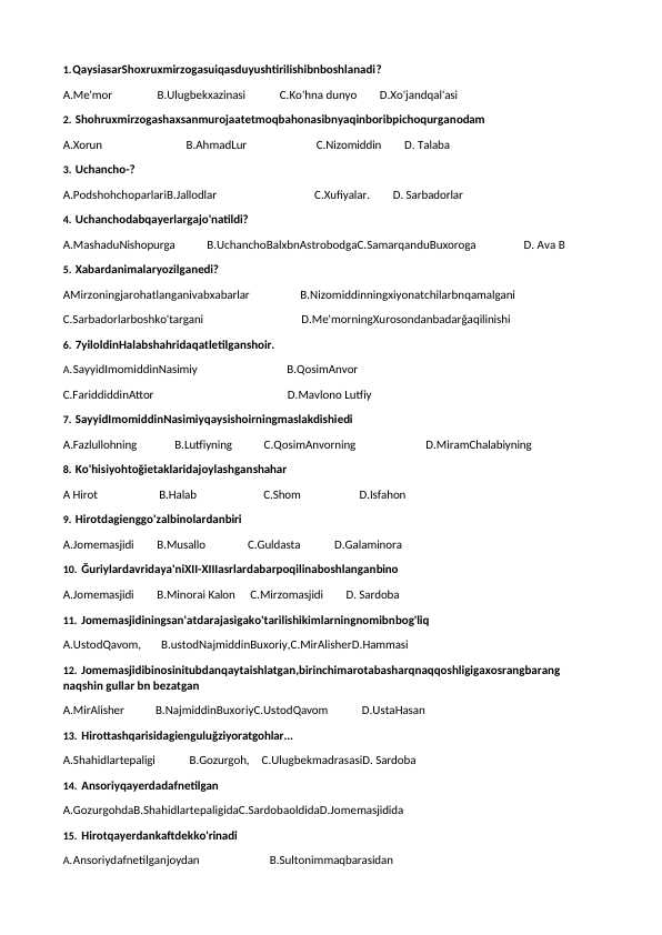 Me'mor romani bo'yicha testlar javobli