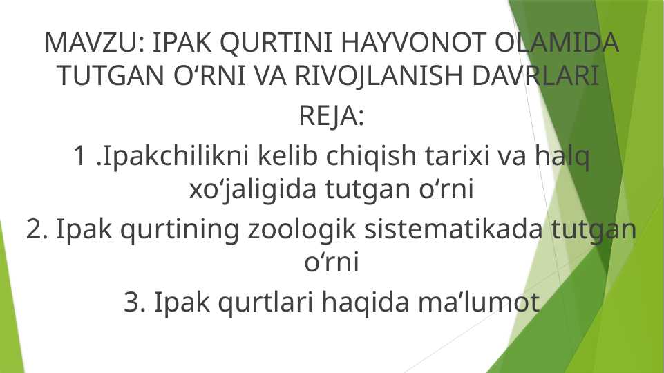 IPAK QURTINI HAYVONOT OLAMIDA TUTGAN O‘RNI VA RIVOJLANISH DAVRLARI
