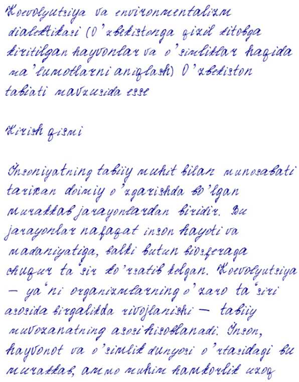 Koevolyutsiya va environmentalizm dialektikasi (O'zbekistonga qizil kitobga kiritilgan hayvonlar va o'simliklar haqida ma'lumotlarni aniqlash) O'zbekiston tabiati mavzusida esse (qo'l yozuv varianti)