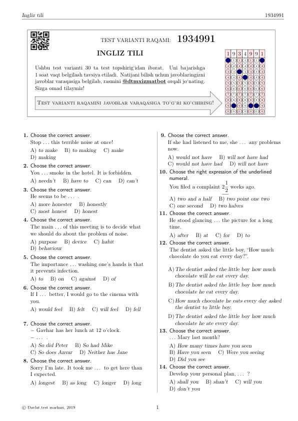 Ingliz tili DTM test 2019
