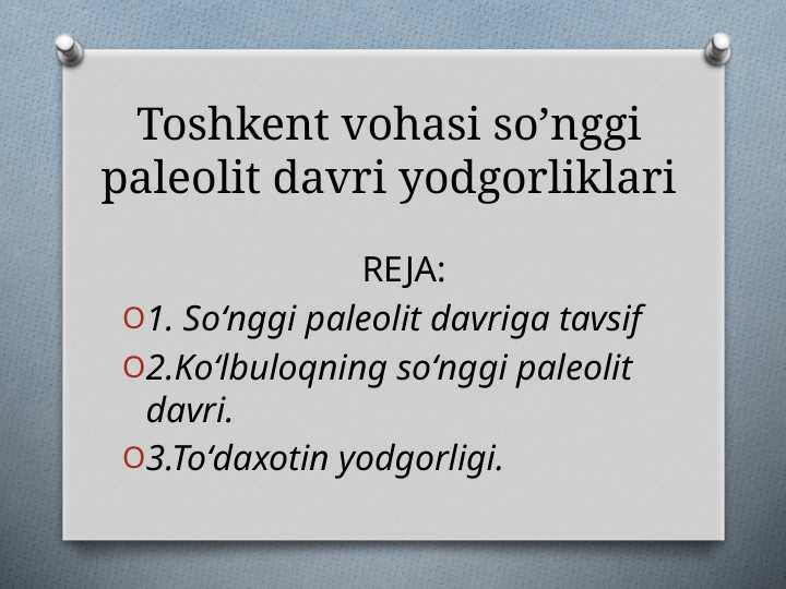 Toshkent vohasi so’nggi paleolit davri yodgorliklari