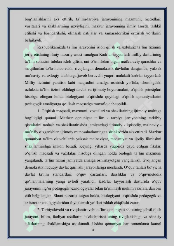 MAVZU: BIOLOGIOYANI O`QITISHDA TA’LIM-TARBIYA UZVIYLIGI
