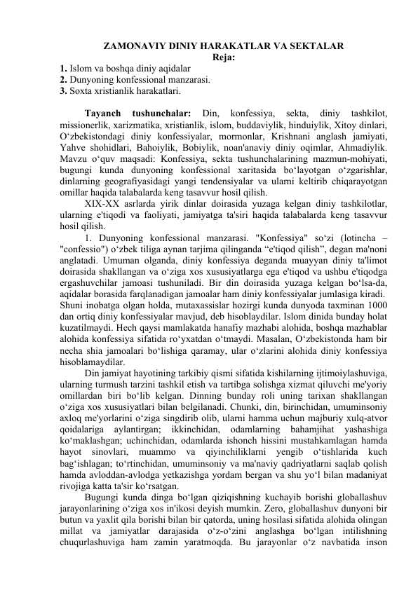 ZAMONAVIY DINIY HARAKATLAR VA SEKTALAR