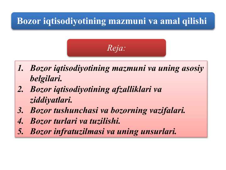 Bozor iqtisodiyotining mazmuni va amal qilishi
