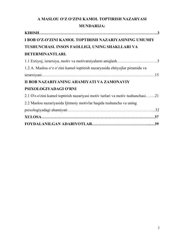 A MASLOU OʻZ OʻZINI KAMOL TOPTIRISH NAZARYASI