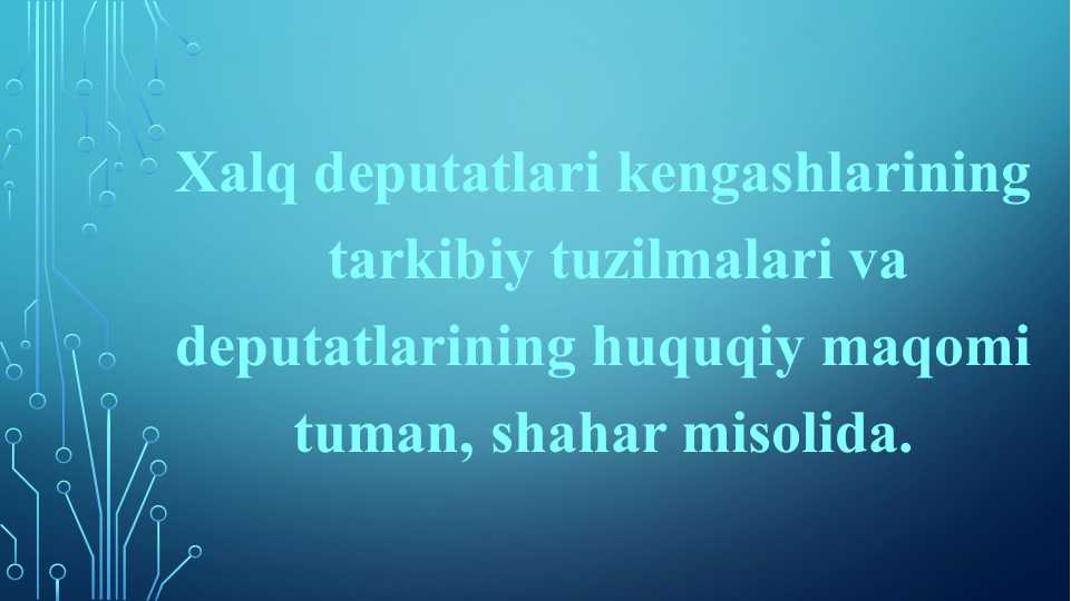 Xalq deputatlari kengashlarining tarkibiy tuzilmalari va deputatlarining huquqiy maqomi tuman, shahar misolida.