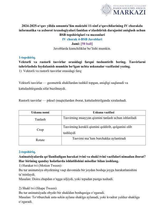 11-sinf informatika fanida 4-BSB javoblari