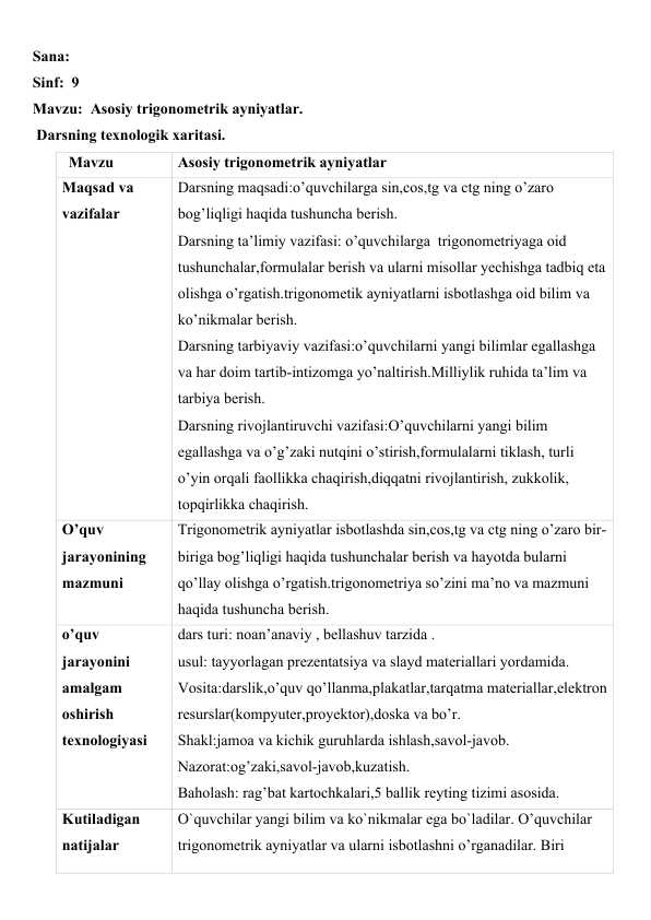 asosiy trigonometrik ayniyatlar mavzusida dars ishlanma