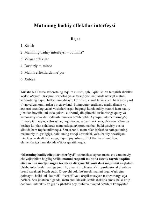 Matnning badiiy effektlar interfeysi