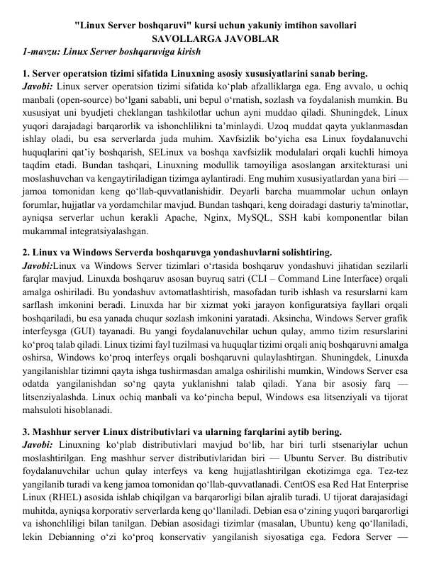 LINUX SERVER BOSHQARUVI YAKUNIY SAVOLLARIGA JAVOBLAR