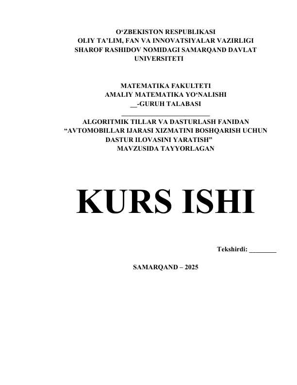 AVTOMOBILLAR IJARASI XIZMATINI BOSHQARISH UCHUN DASTUR ILOVASINI YARATISH