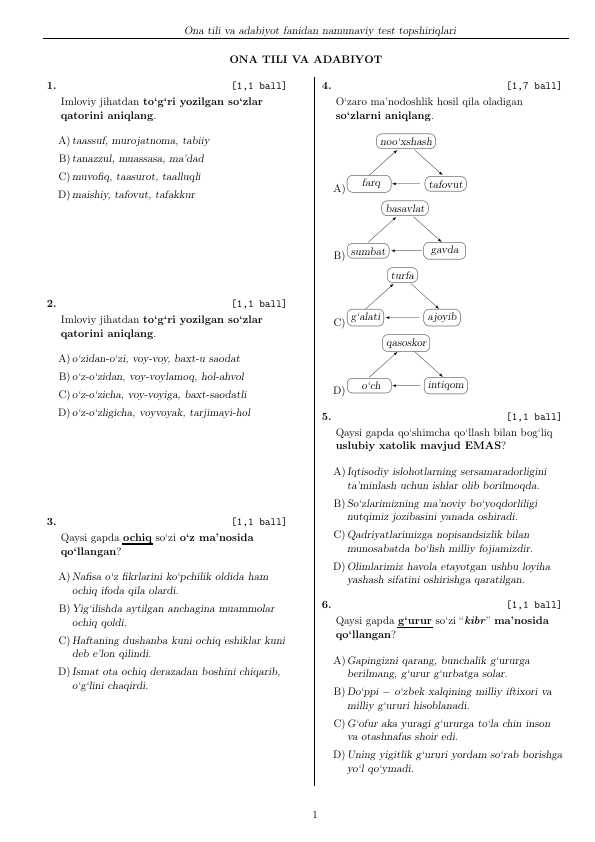 Ona tili fanidan milliy sertifikat savollari (tushish ehtimoli bor)