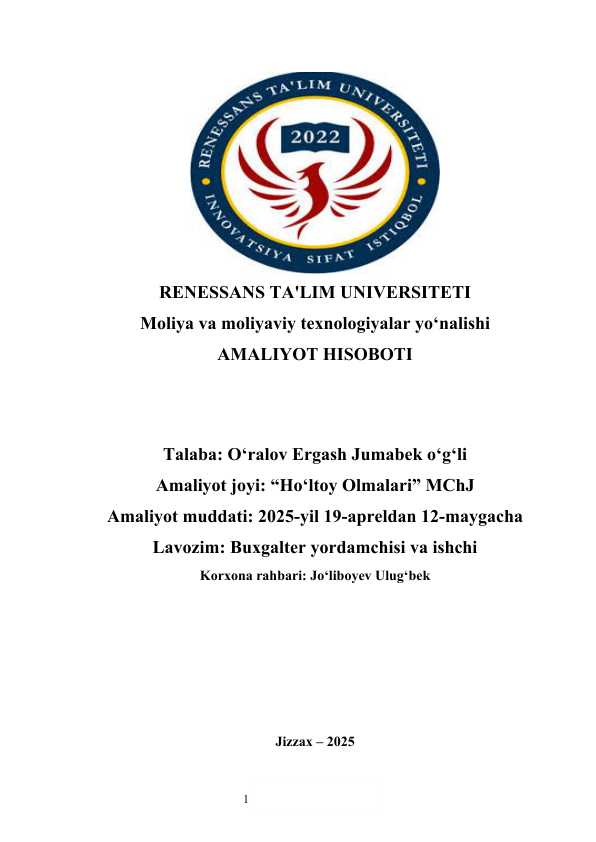 amaliyot hisoboti Ho‘ltoy Olmalari MChJ amaliyot hisobot bitiruv oldi