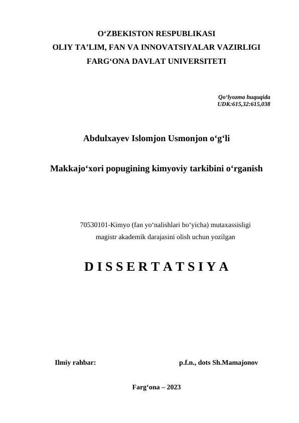Makajo’xori popugining kimyoviy tarkibini o’rganish disertatsiya
