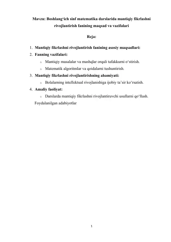 Boshlang‘ich sinf matematika darslarida mantiqiy fikrlashni rivojlantirish fanining maqsad va vazifalari