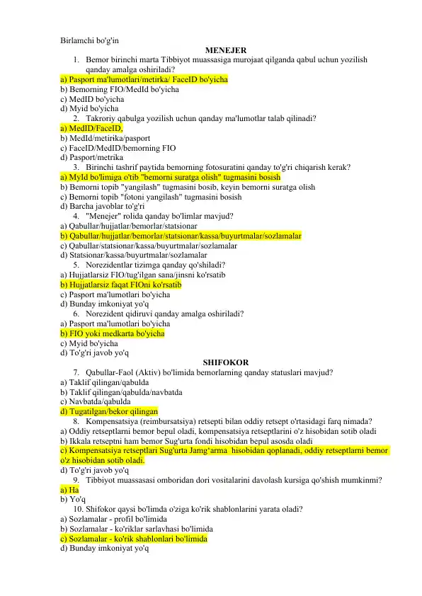 DMED Argos testlari javoblari bilan