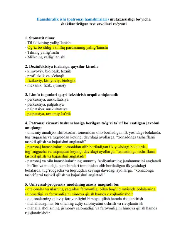 Patronaj hamshiralari uchun test savollari ro‘yxati